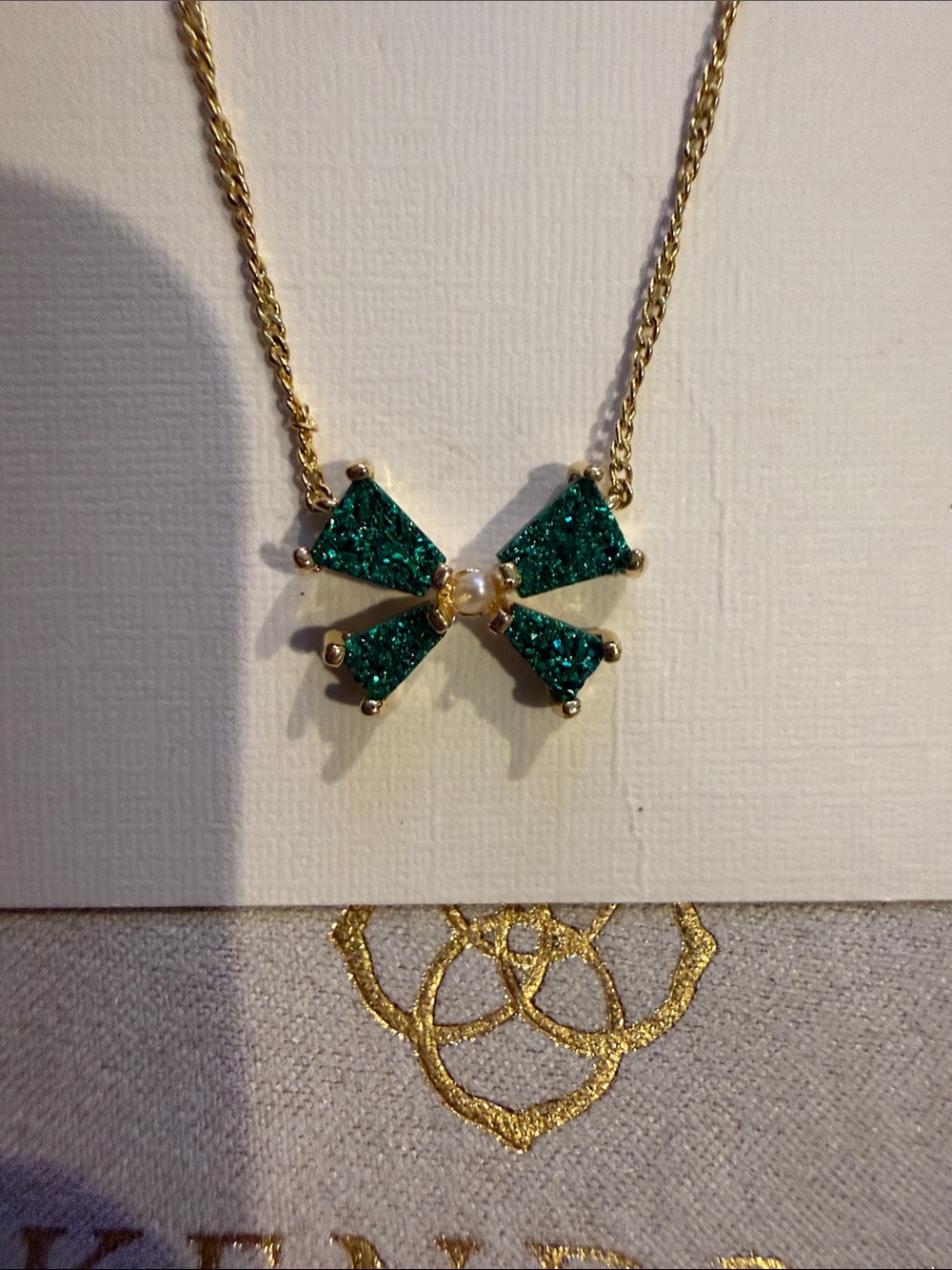 Kendra Scott Gold and Green Druzy Blair Bow Pendant Necklace Pearl accent